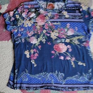 Johnny Was Navy Floral Short-Sleeve Tee with Pink Blooms